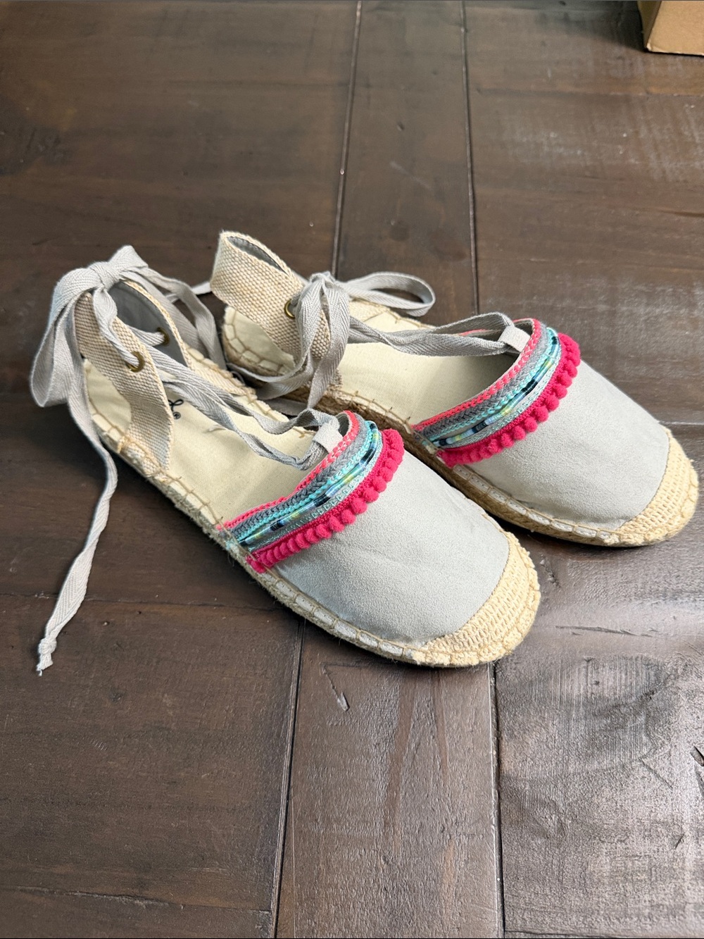 Qupid Light Gray Espadrille Flats with Pink & Aqua Trim